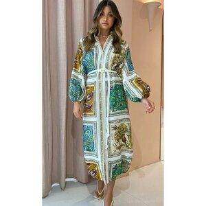 Alemais Delphine Long Sleeve Linen Shirtdress Floral Paisley Belted Size 6 | 10